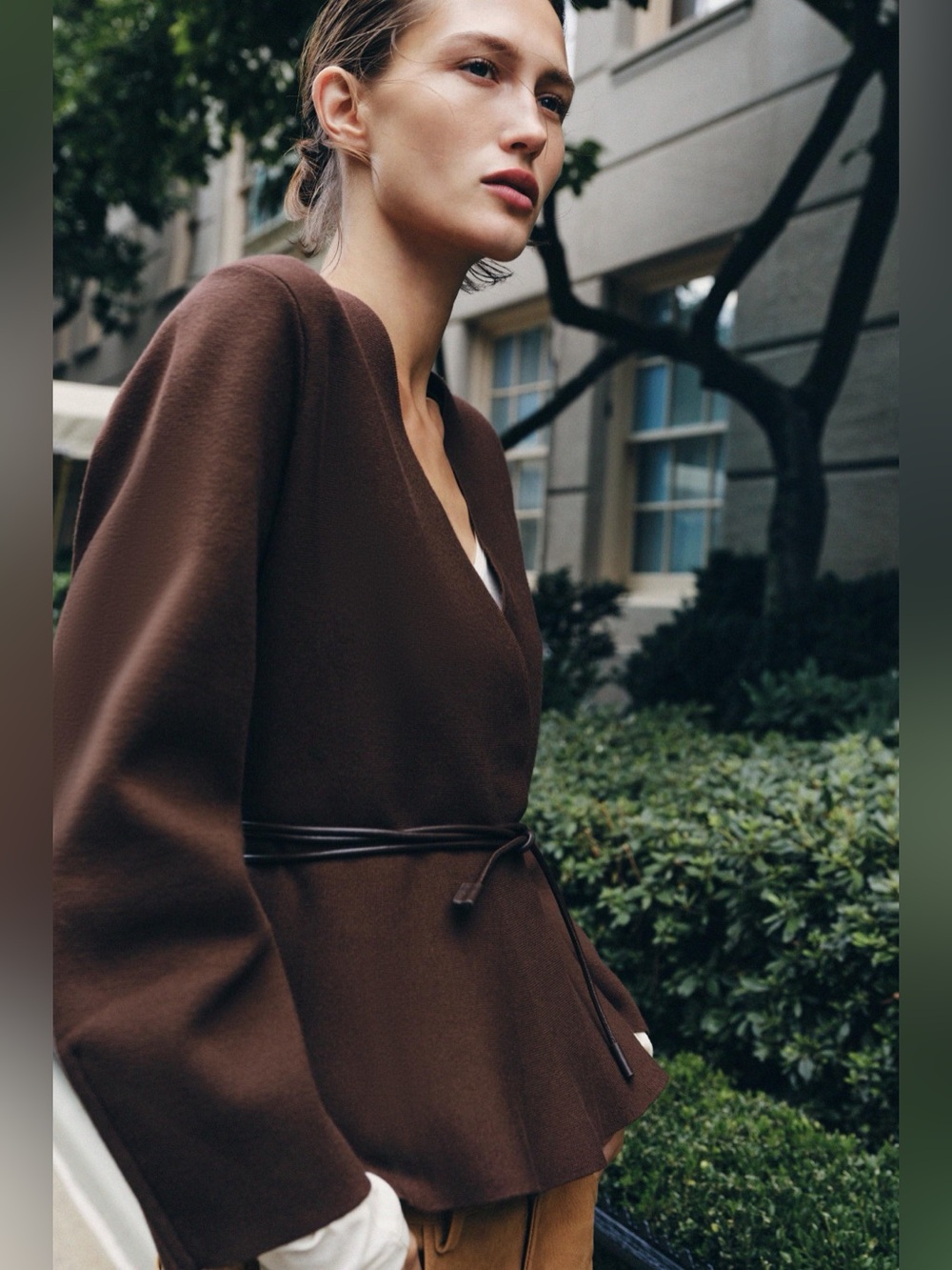 Zara Brown Wrap-Style Waist Tie Sweater Jacket